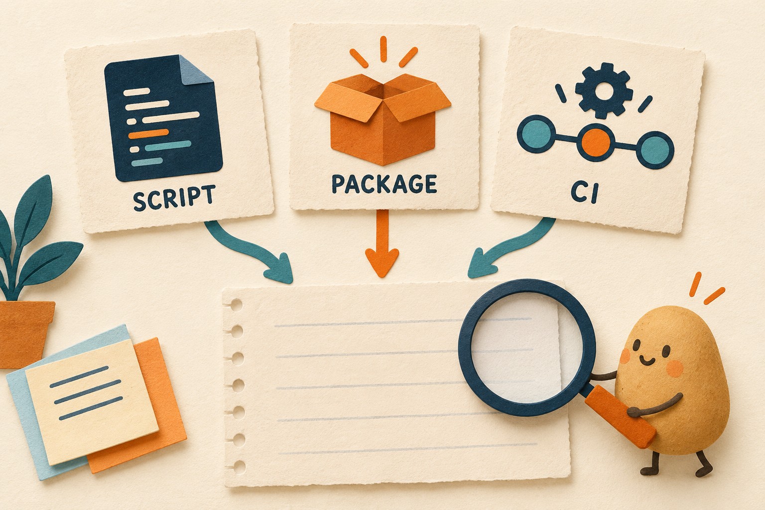 Script, package and CI cards converge on a blank inventory worksheet with a magnifying glass