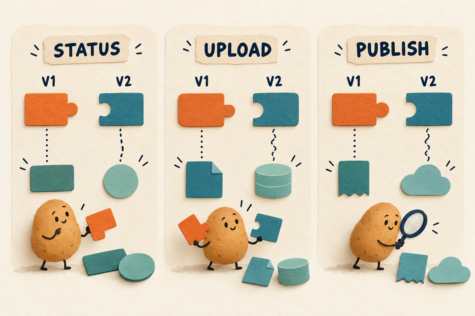 Status, upload and publish cards each pair V1 and V2 connectors with different response shapes