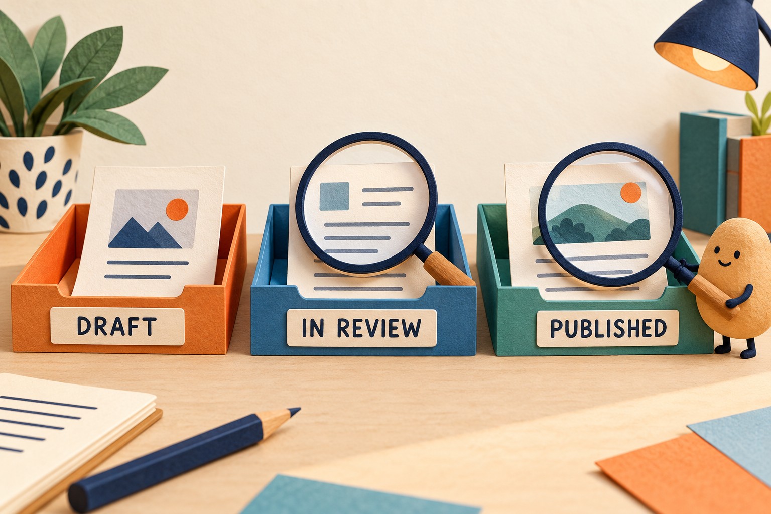 Separate draft, in-review and published trays distinguish extension release evidence
