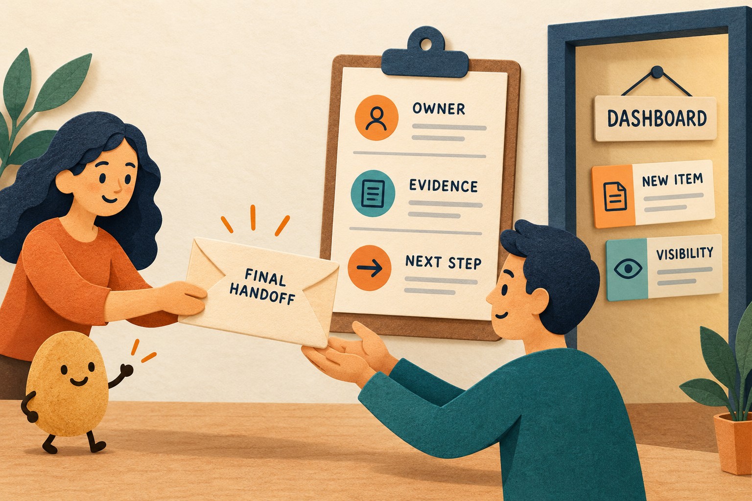 Owner, evidence and next-step handoff card beside dashboard cards for new item and visibility