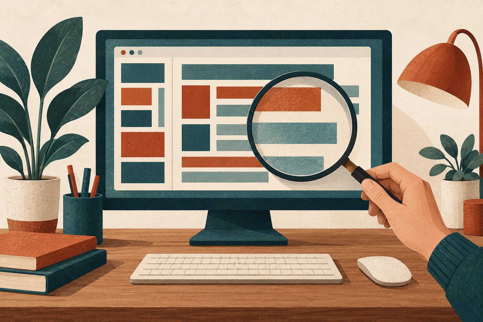 A hand holds a magnifying glass over abstract teal and rust blocks on a monitor, surrounded by a keyboard, plants, books and a desk lamp.