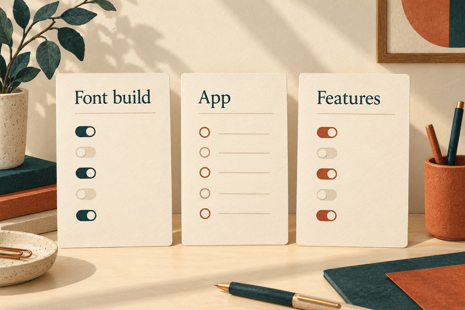 Three cream cards labeled Font build, App and Features stand on a desk, with decorative toggles and empty lines.