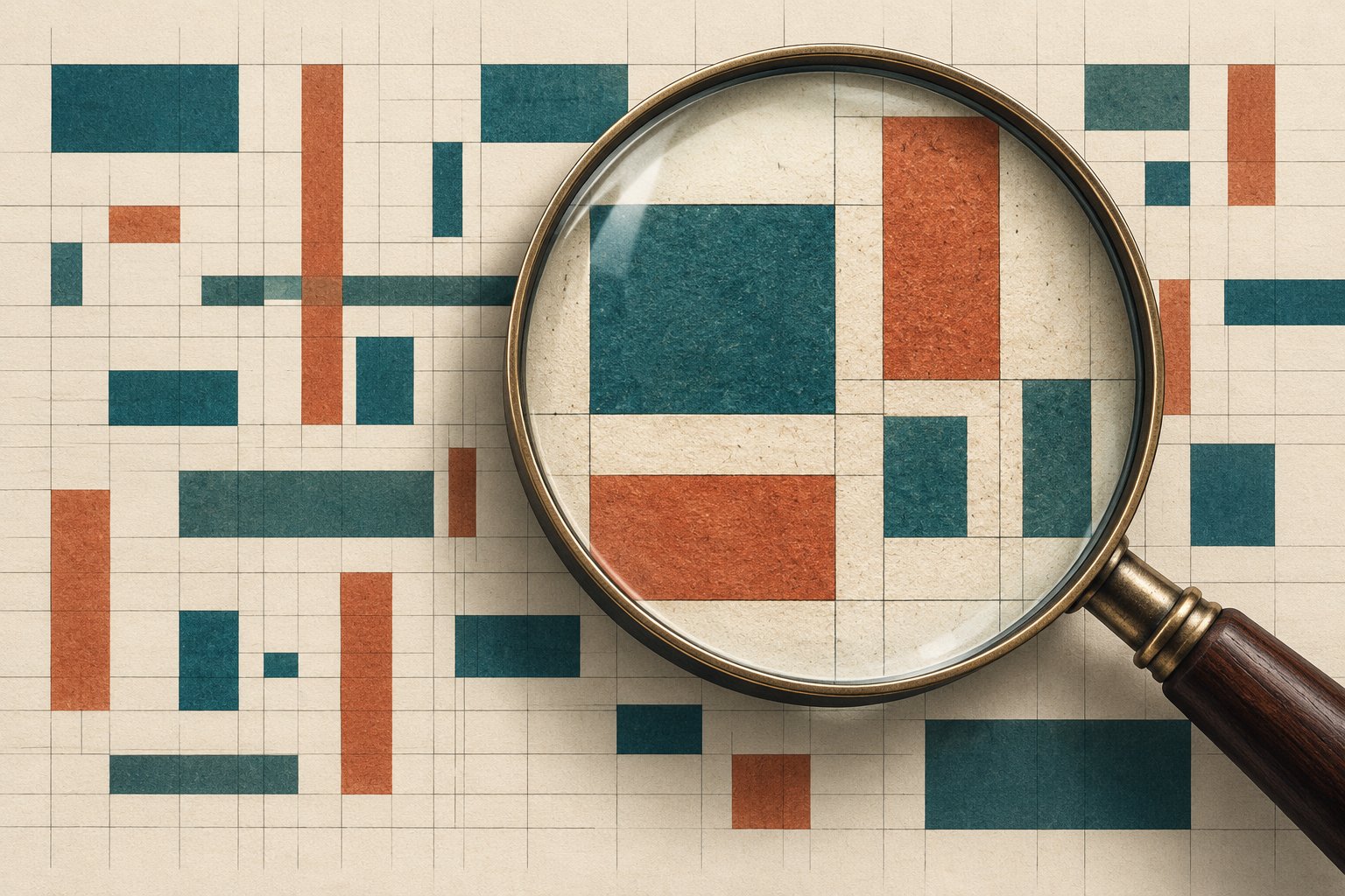 A magnifying glass rests over a cream grid containing teal and rust rectangular blocks.
