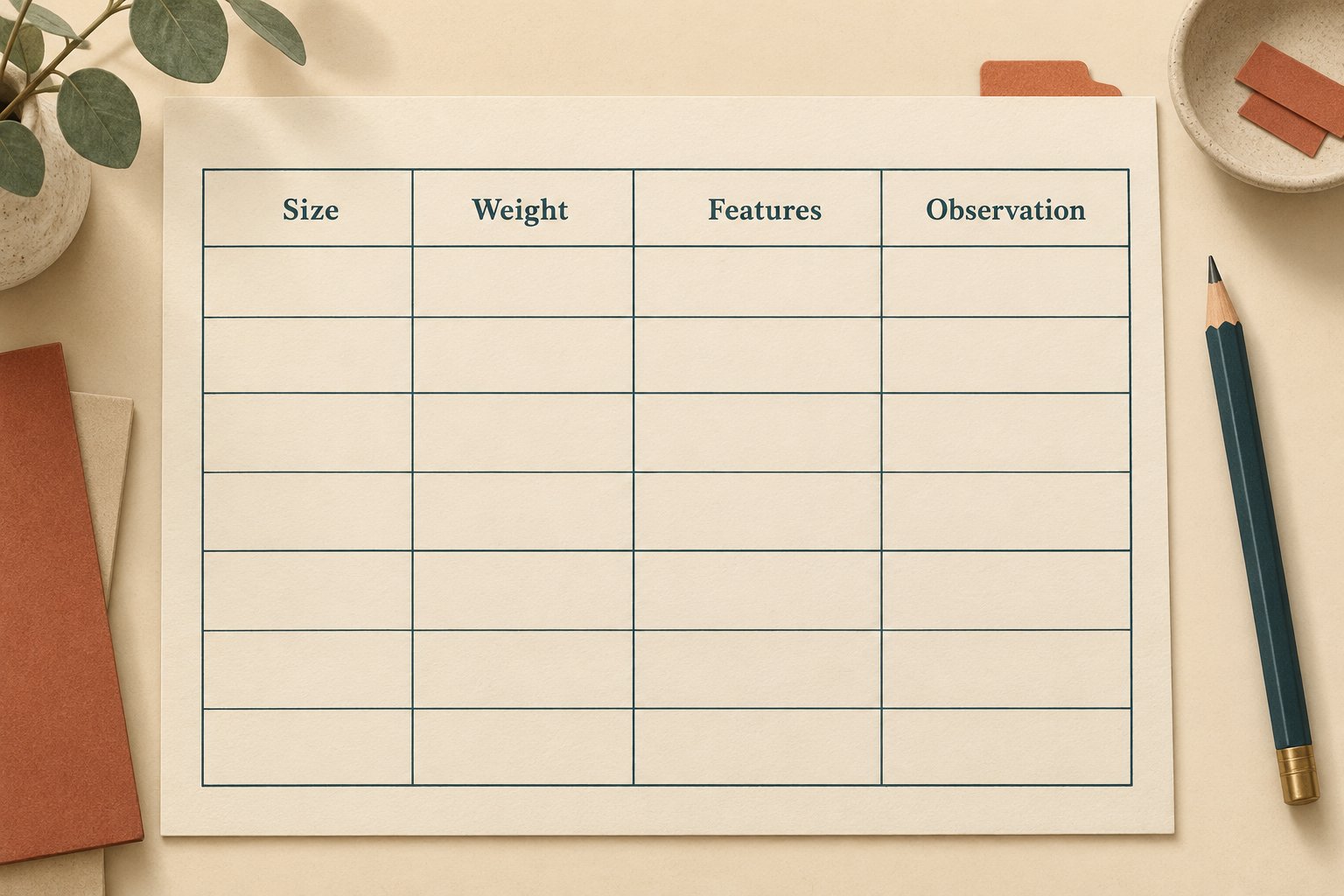 A blank cream comparison worksheet has columns labeled Size, Weight, Features and Observation, with a teal pencil alongside.