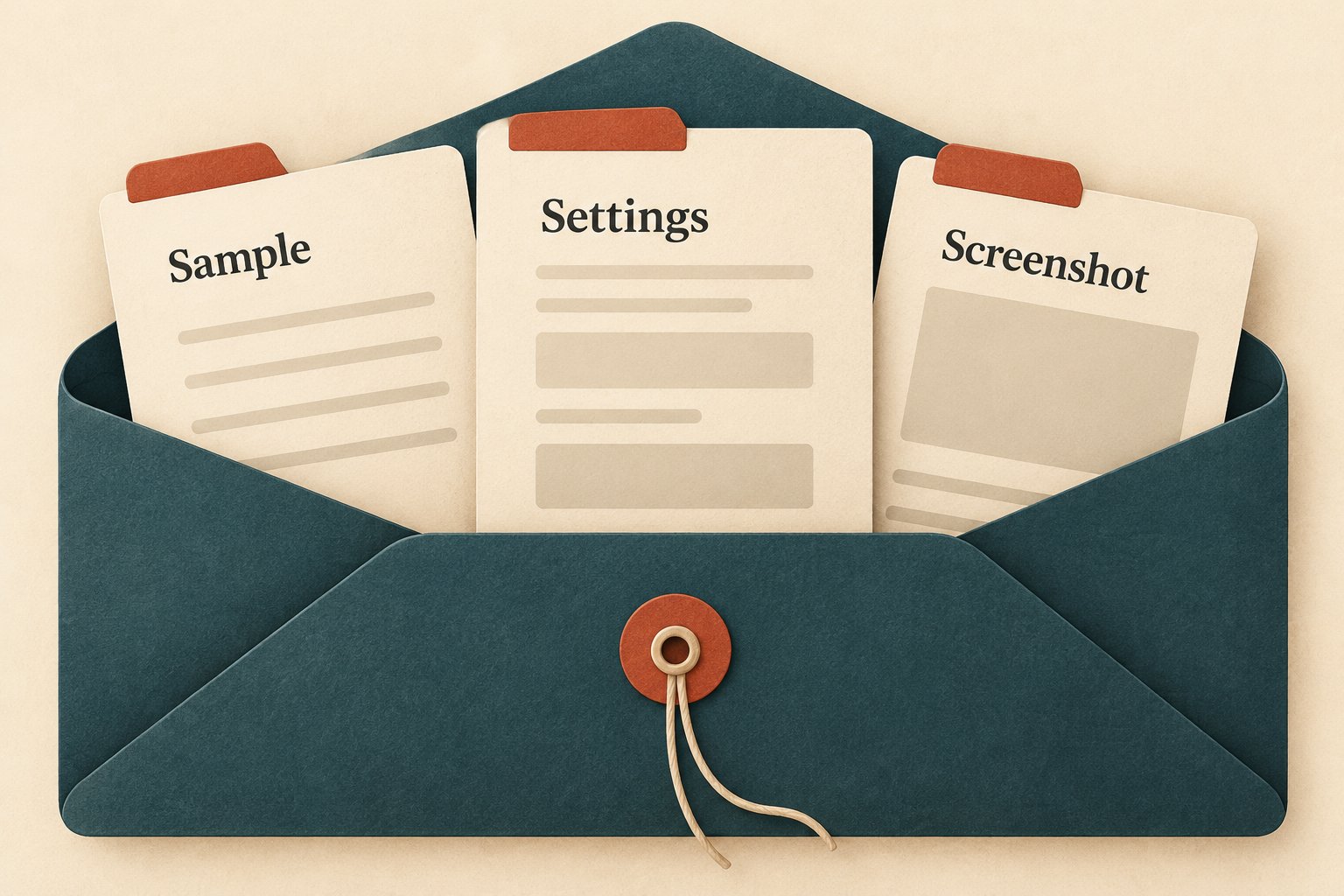 An open teal envelope holds three cream cards labeled Sample, Settings and Screenshot, with abstract placeholder lines and boxes.