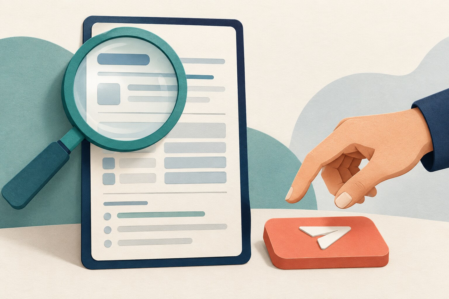 A magnifying glass covers an abstract request card while a hand pauses above a coral send button.