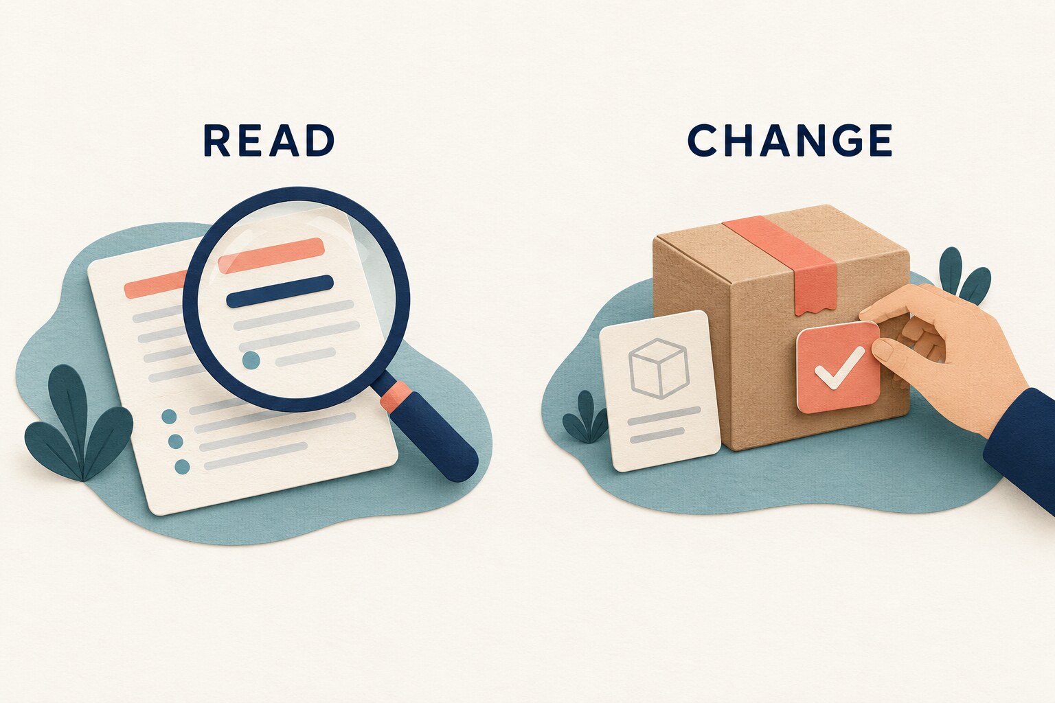 A document under READ is inspected with a magnifying glass; a package under CHANGE receives a symbolic check label.