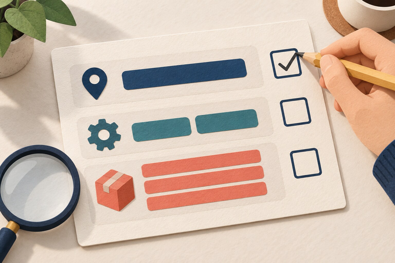 A hand checks the first of three abstract request rows illustrated with a location pin, gear and package.