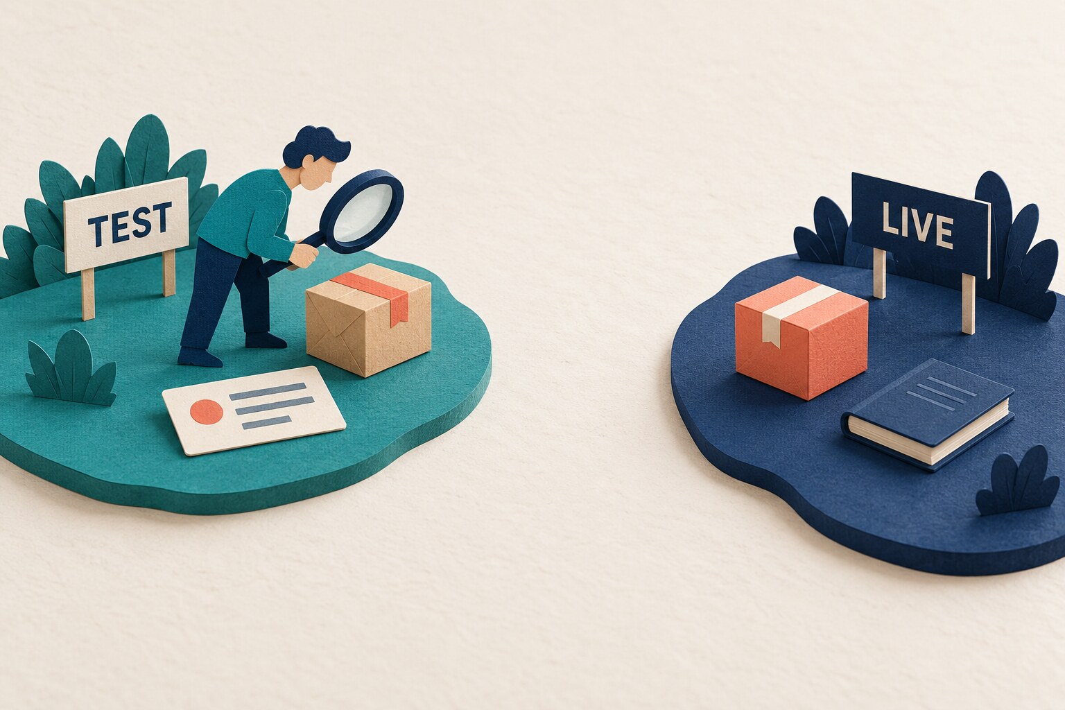 A person examines a package on an island labeled TEST, separated from another island labeled LIVE.