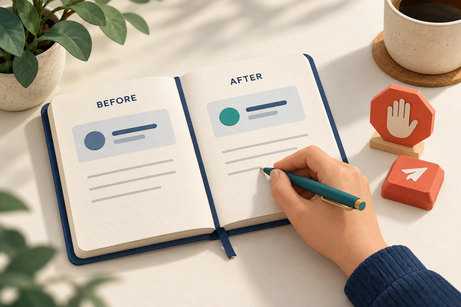 A hand records notes in a BEFORE and AFTER notebook beside a stop symbol and a send button.