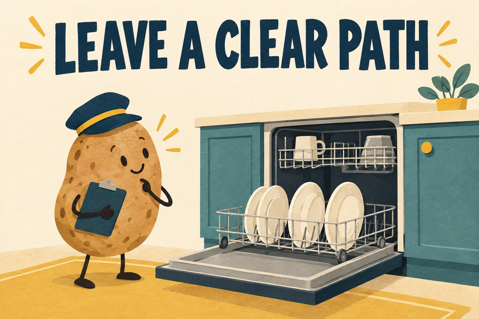 A potato inspector stands beside an open generic dishwasher beneath Leave a Clear Path.