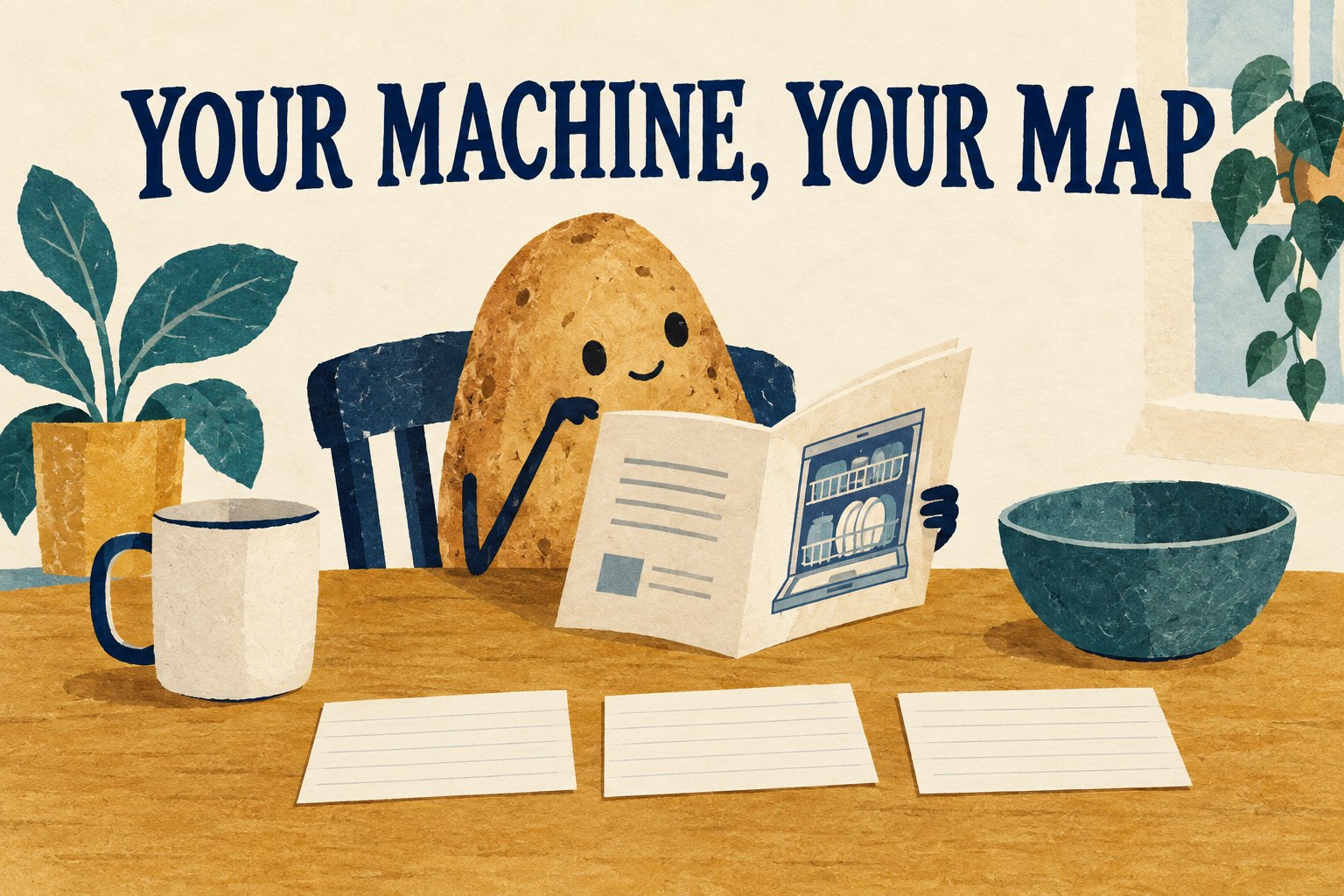 A potato reads an appliance manual beside a mug, bowl and three blank cards.