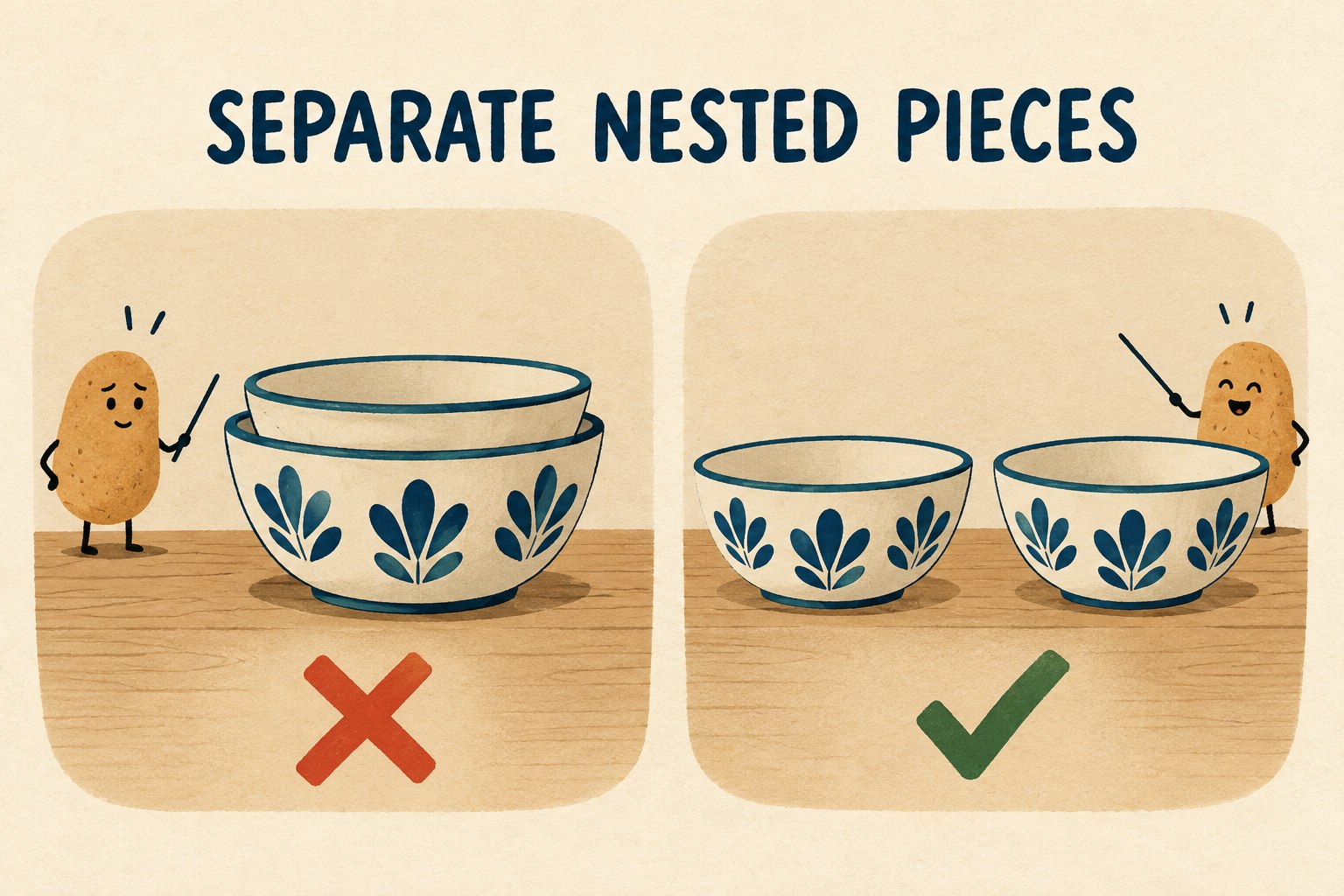 Two nested bowls marked with an X contrast with two separate bowls marked with a check.