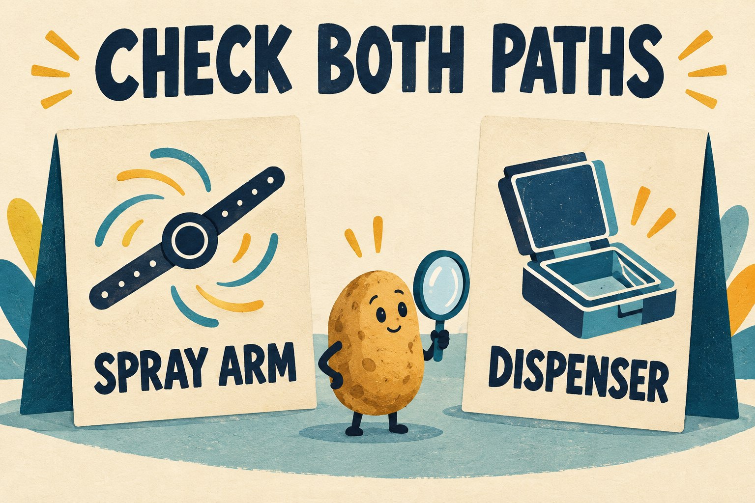 A potato examines separate Spray Arm and Dispenser reminder cards.