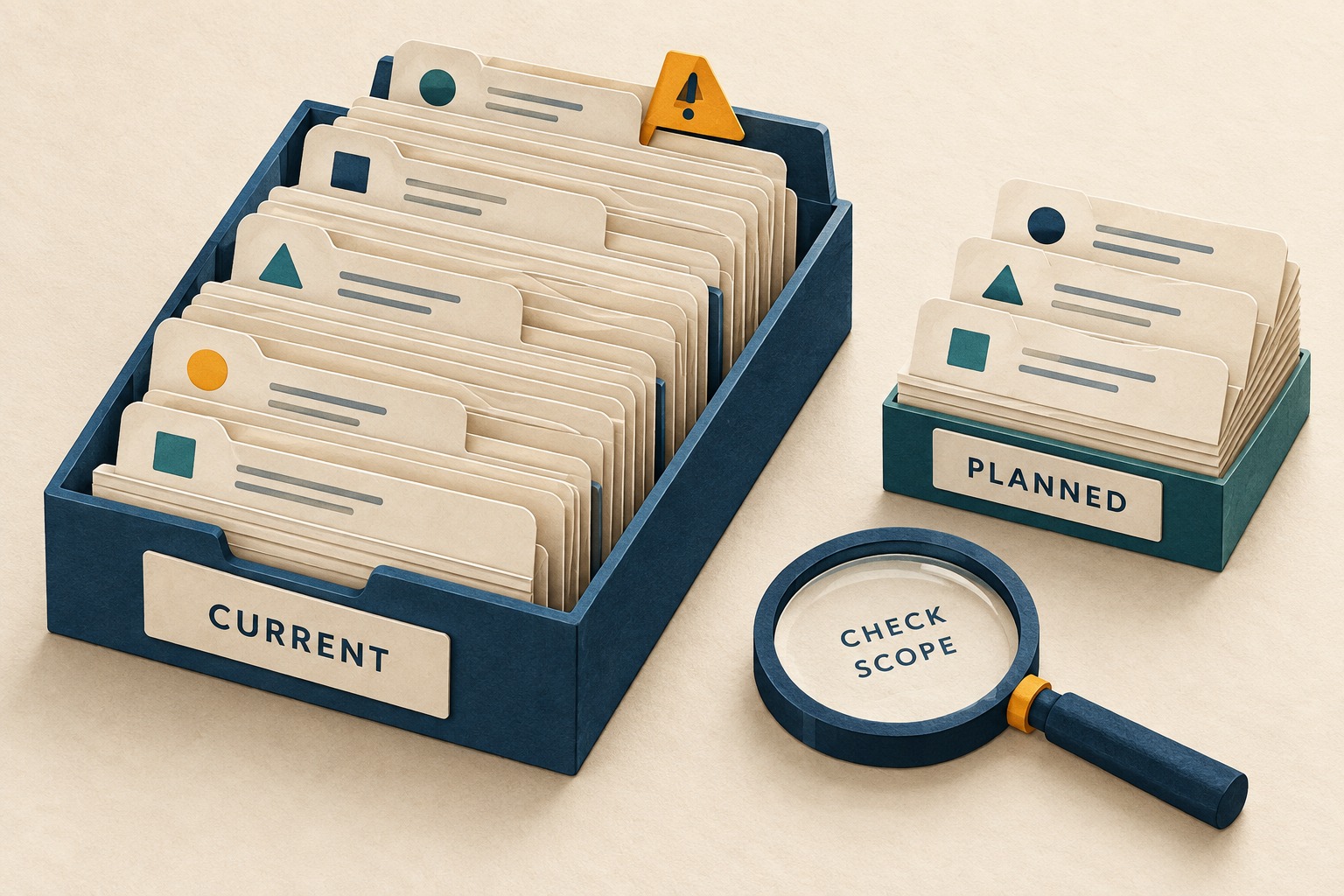 A nearly full tray of current record cards sits beside a separate planned stack and a Check Scope label.
