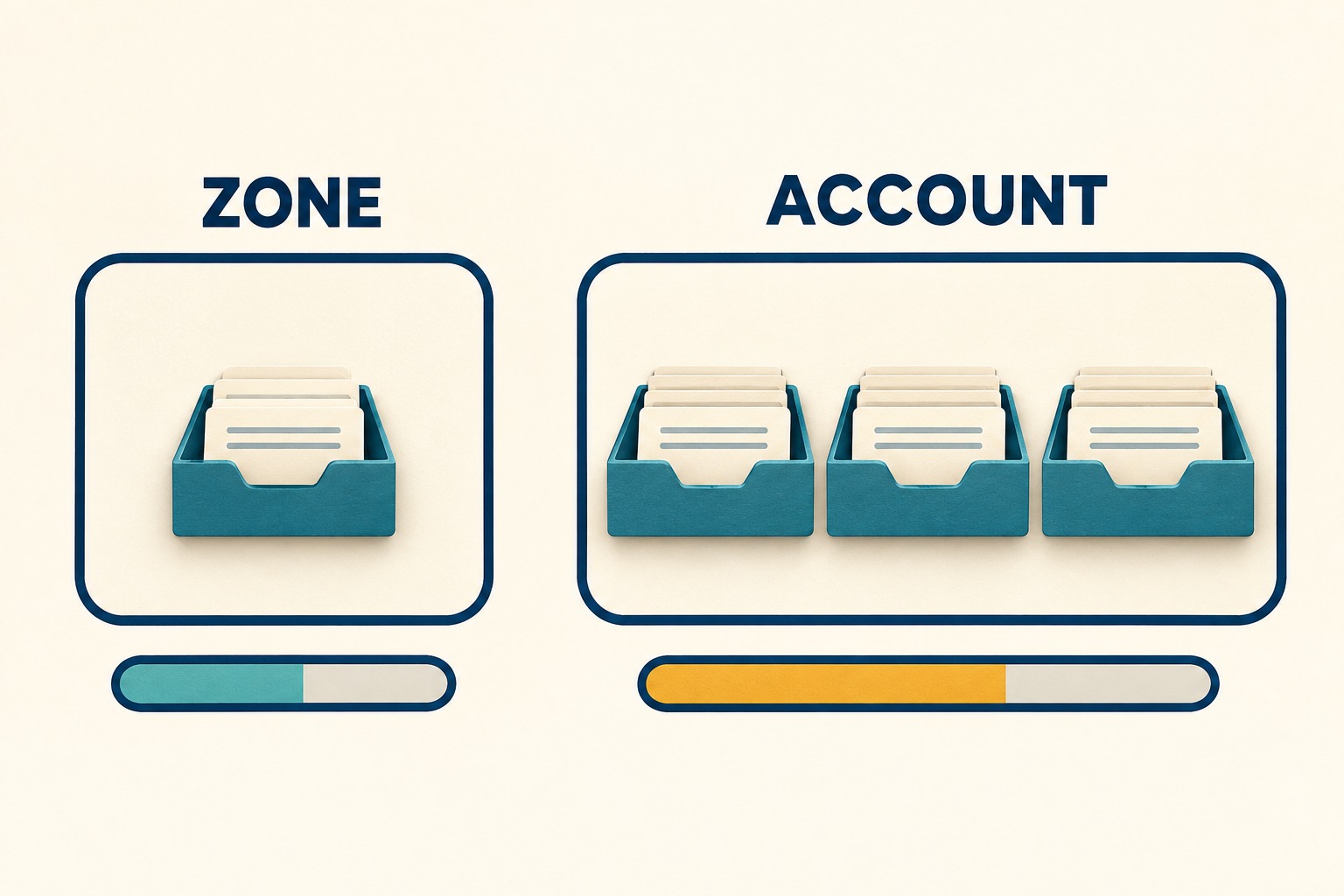 A Zone panel encloses one file tray, while an Account panel encloses three trays sharing one capacity gauge.