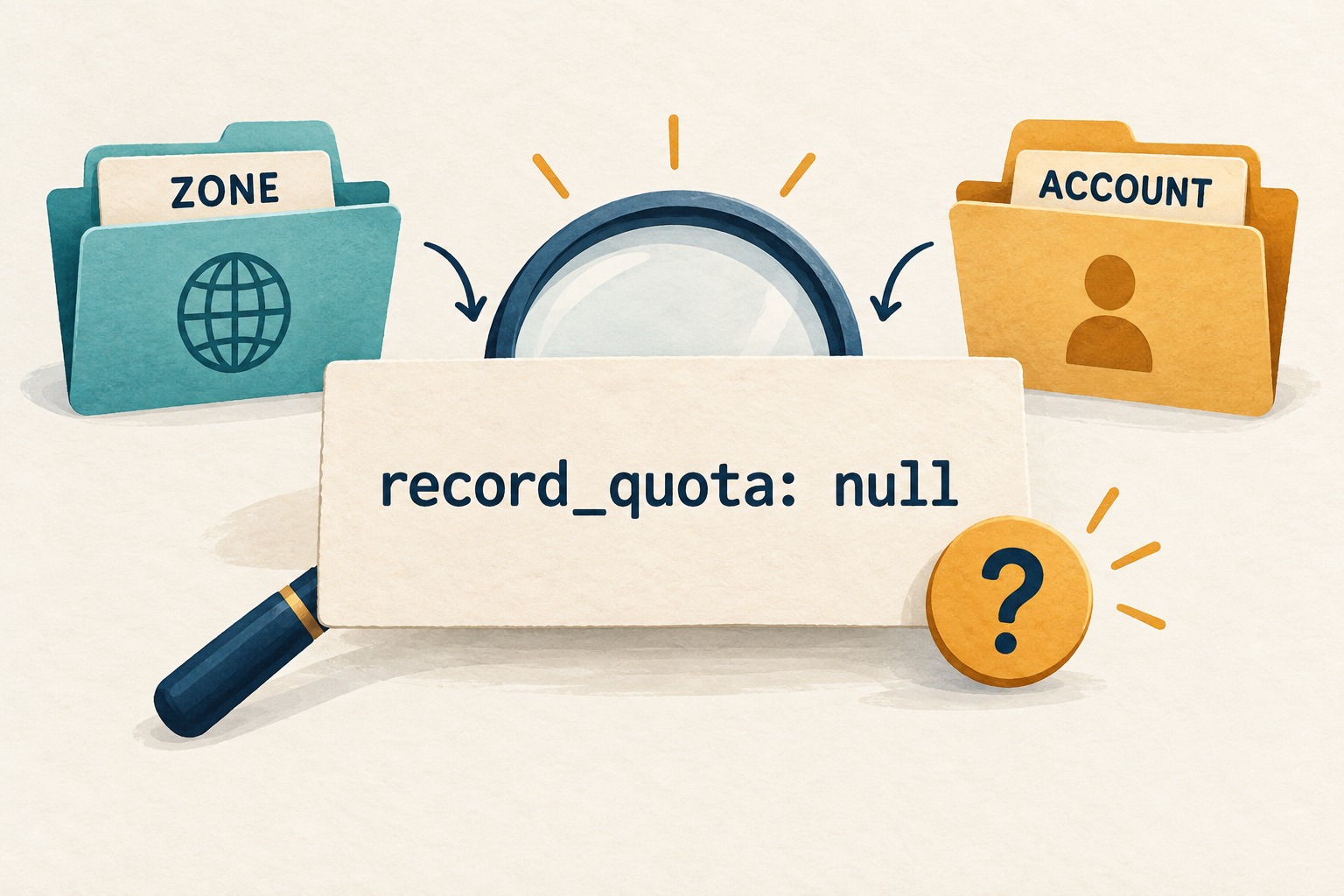 A record_quota: null card appears with an amber question mark, a magnifying glass, and Zone and Account tabs.