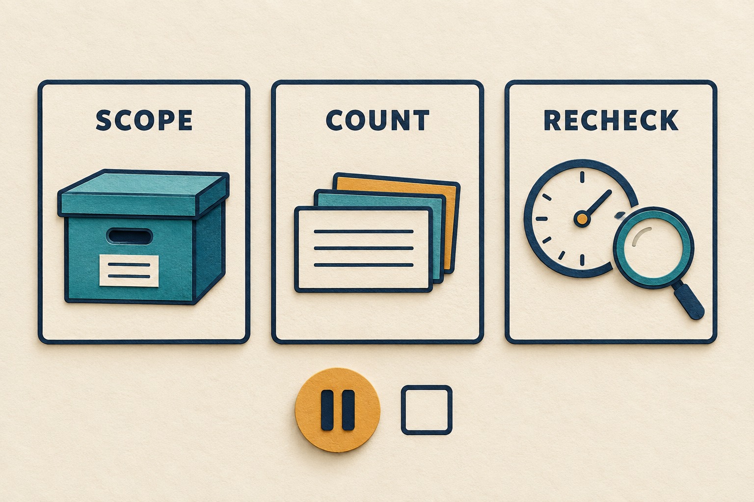 Scope, Count and Recheck cards sit above a pause token and an empty checkbox for the pending decision.