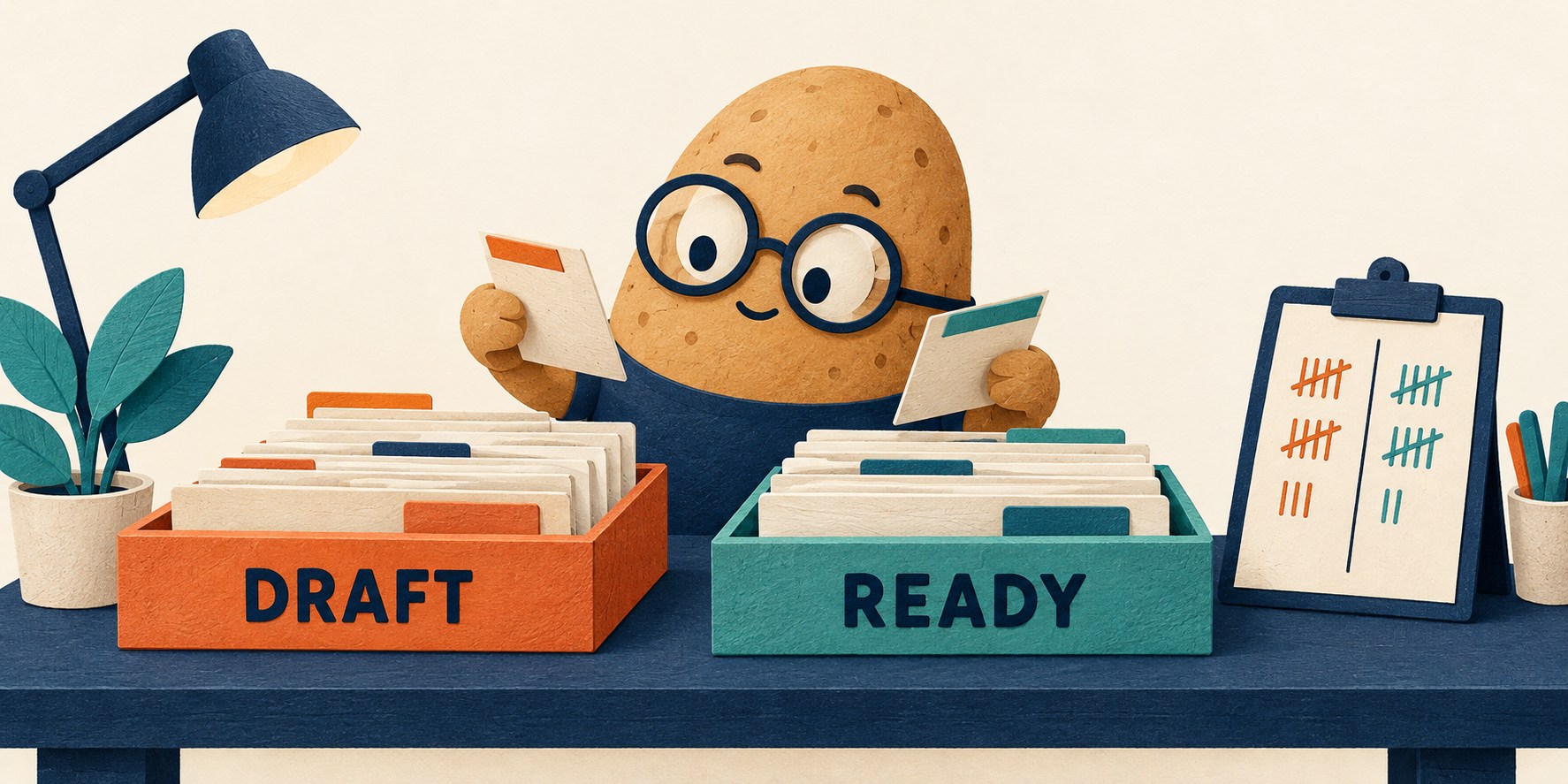 A potato clerk sorts draft and ready cards into separate trays beside an illustrative tally board.