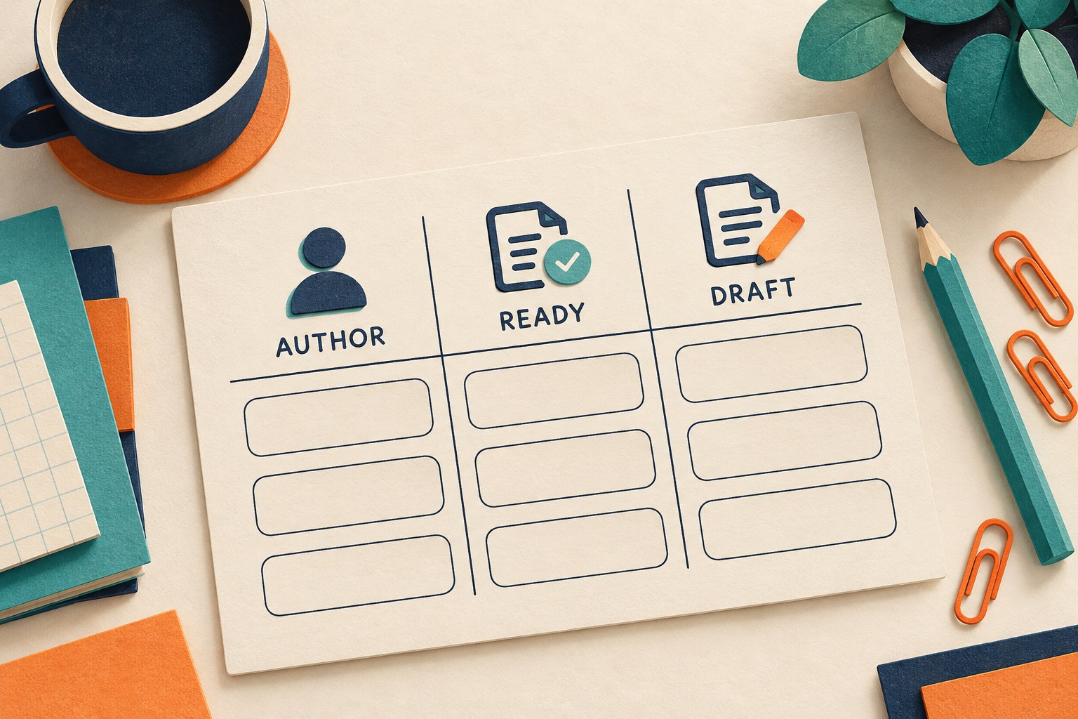 A blank worksheet has Author, Ready and Draft columns with three rows for contributors.