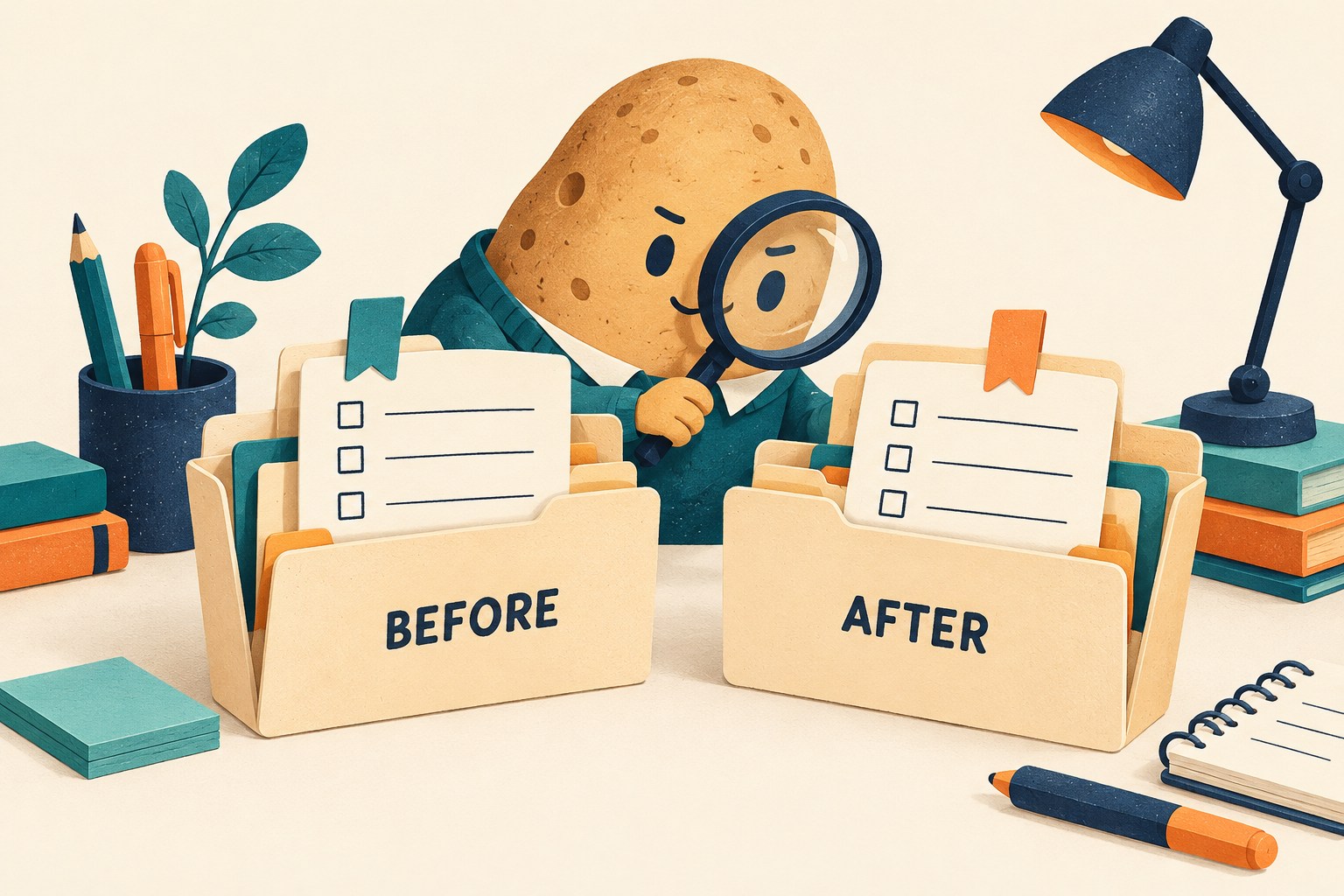 A potato clerk compares blank checklists in Before and After folders.