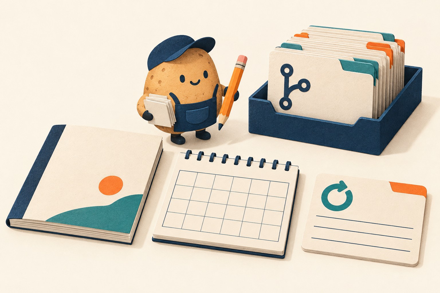 A guide booklet, blank review calendar and restore-record card sit beside a pull-request tray.