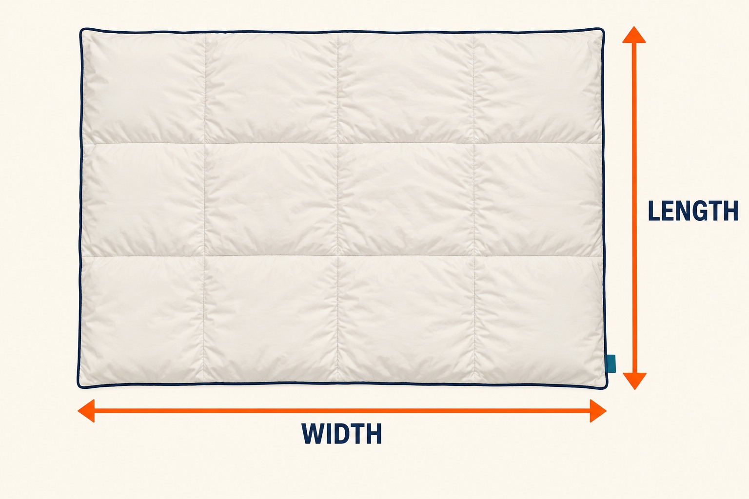 A flat ivory duvet has a horizontal width arrow and a perpendicular length arrow.
