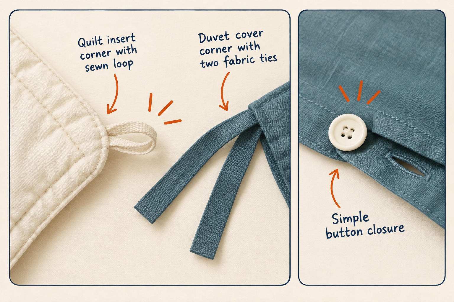 Illustrative fabric loop and loose ties sit beside a separate button-closure close-up.