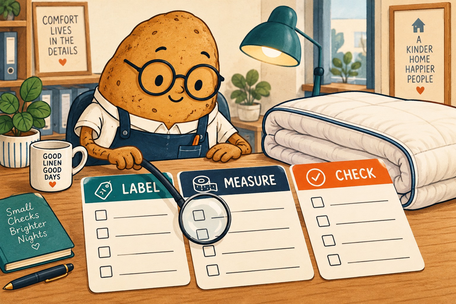 A potato clerk checks blank Label, Measure and Check cards beside a folded duvet.