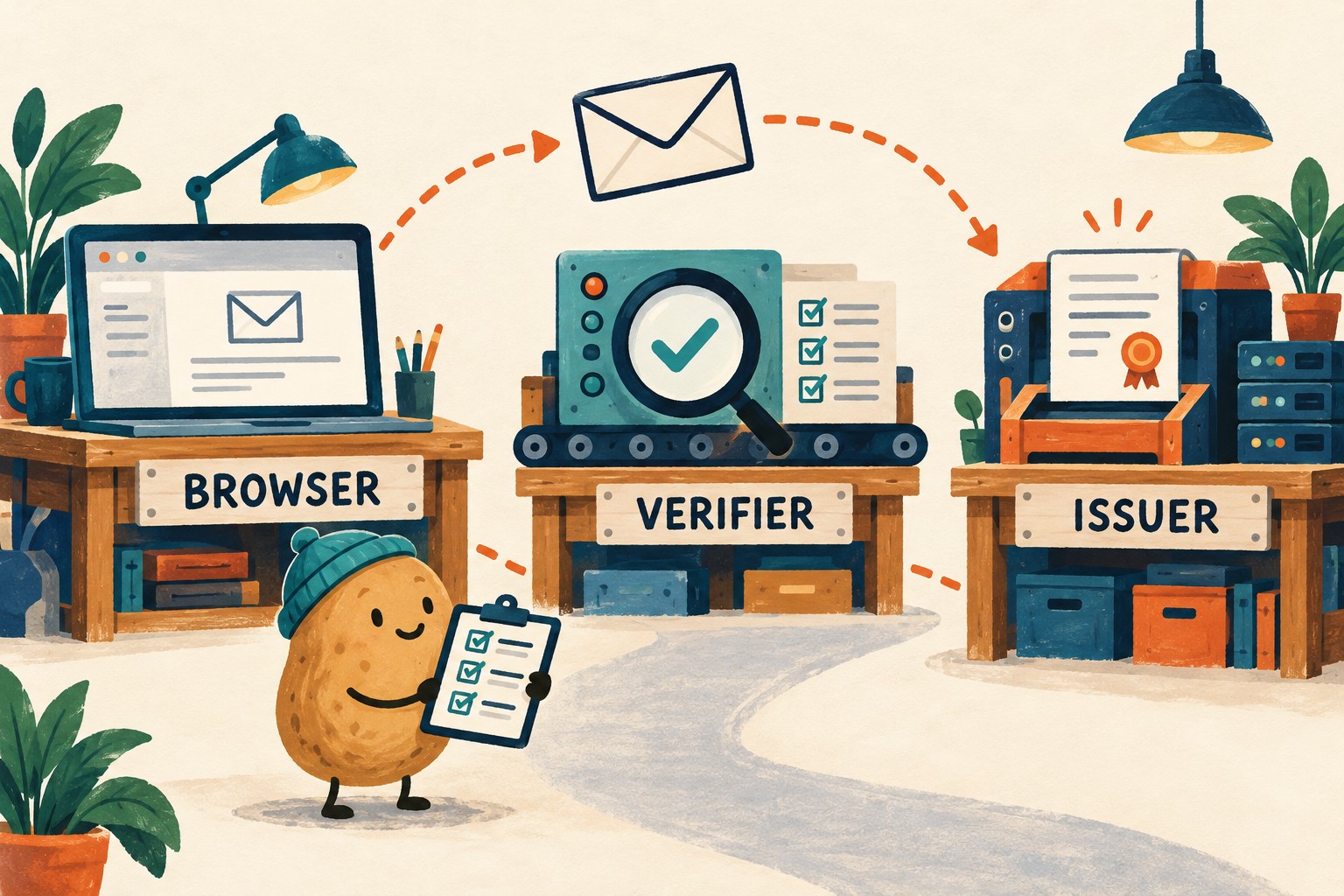 Three illustrated workbenches labeled browser, verifier and issuer, with a potato holding a checklist