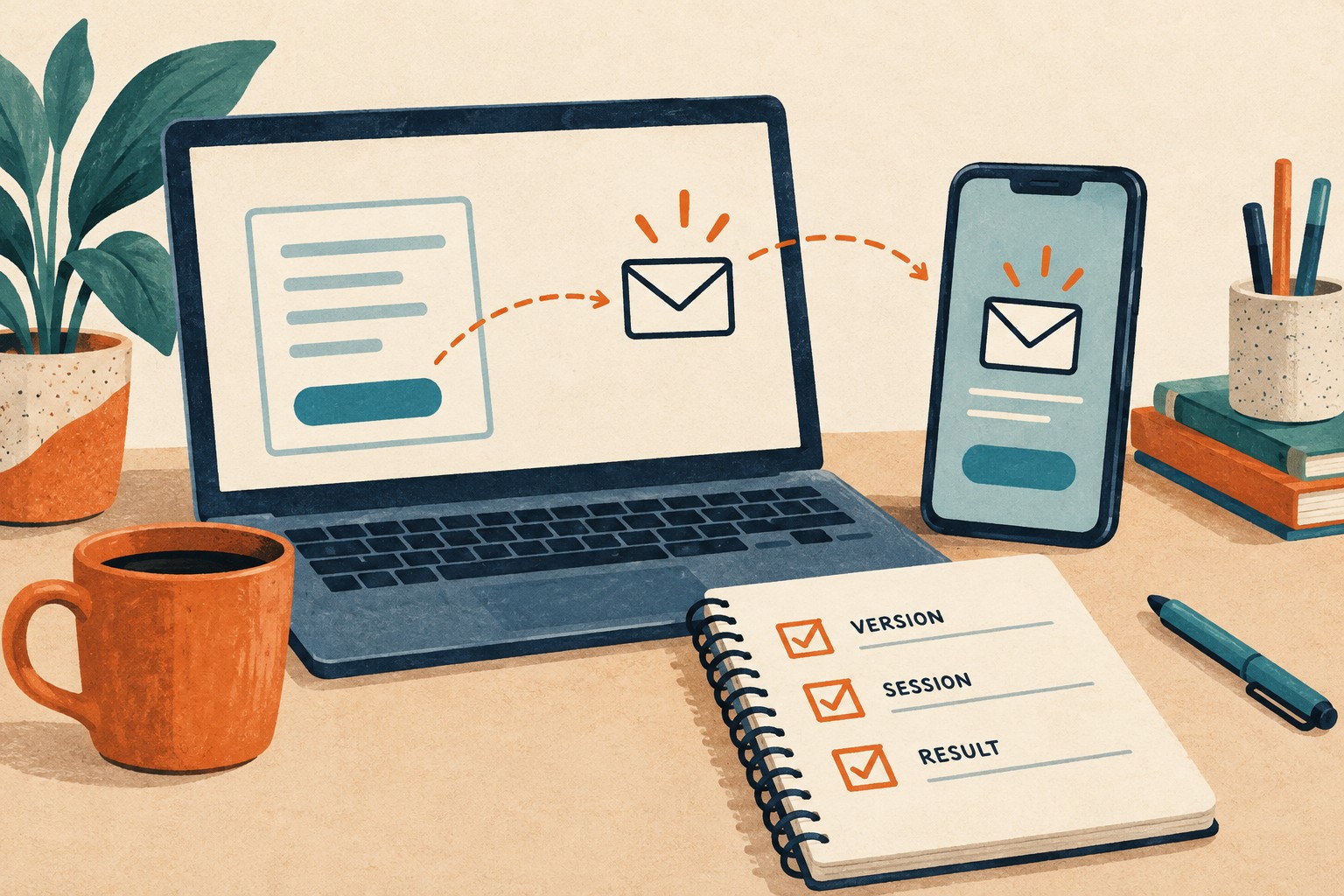 Illustrated laptop and phone beside a notebook labeled version, session and result