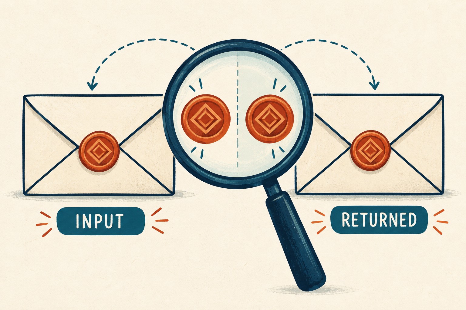 Two envelopes labeled input and returned with matching seals under a magnifying glass