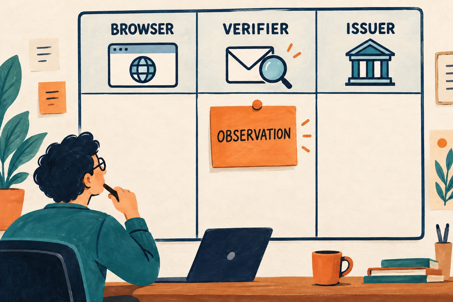 Three-column browser, verifier and issuer board with an observation note in the verifier column