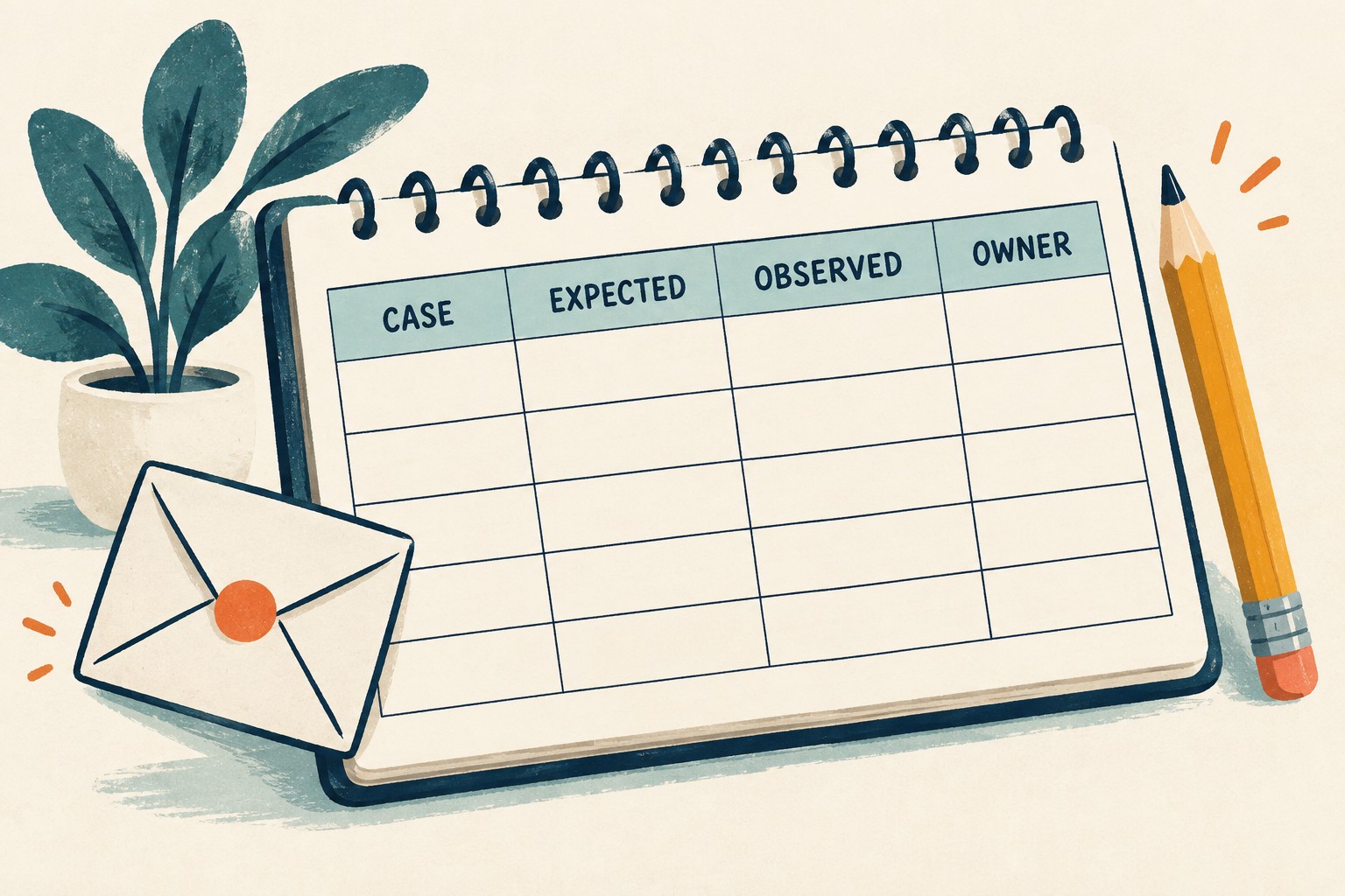 Blank notebook table labeled case, expected, observed and owner