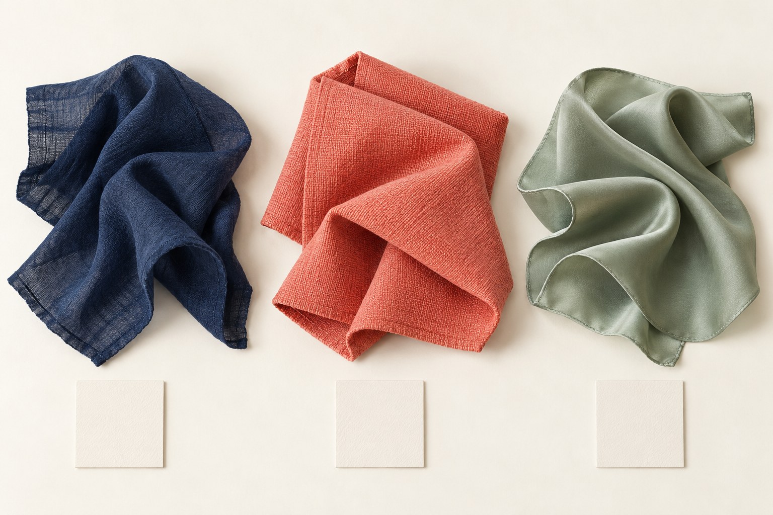 Navy, coral and sage fabric samples show different folds and textures above three blank cards.