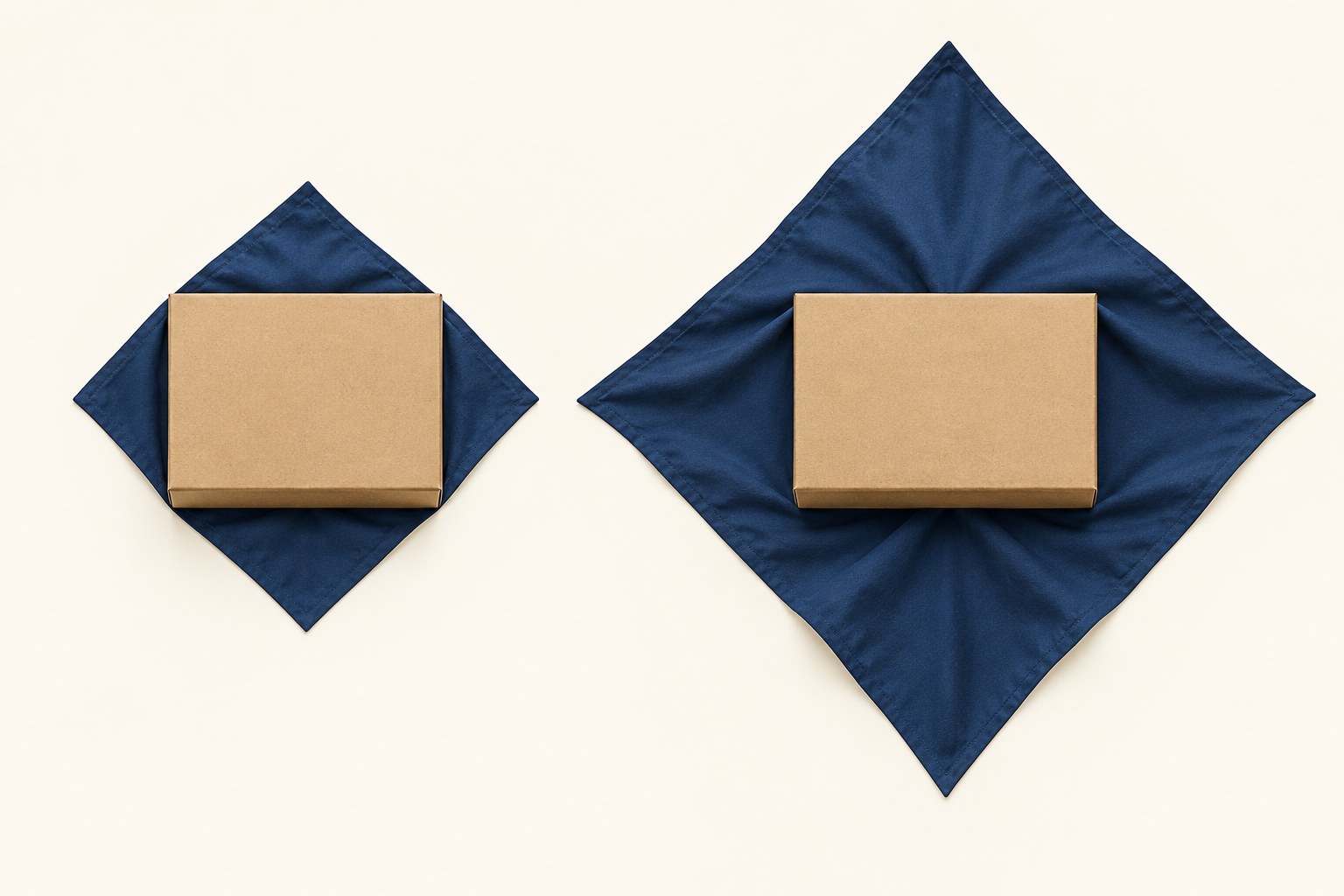 Two kraft boxes rest on navy cloths with visibly different amounts of fabric extending beyond their edges.