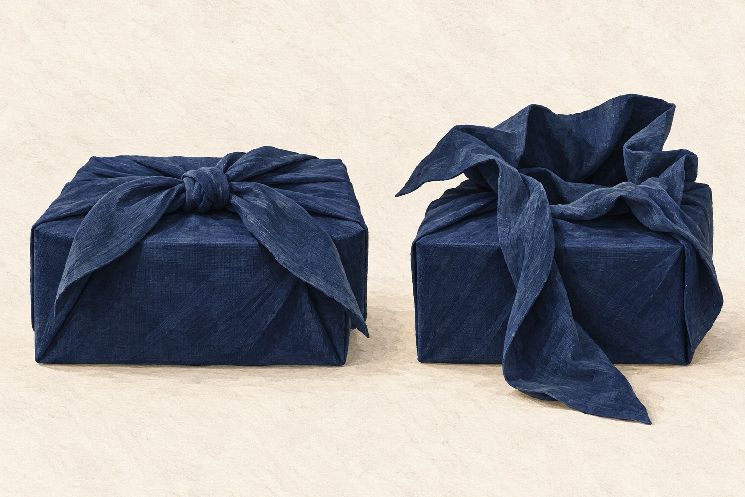 A tied navy fabric-wrapped box sits beside a second wrap opened at the top for adjustment.
