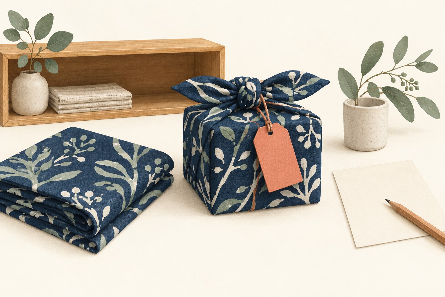 A navy patterned cloth-wrapped gift with a coral tag sits beside folded fabric, a blank record card and a pencil.