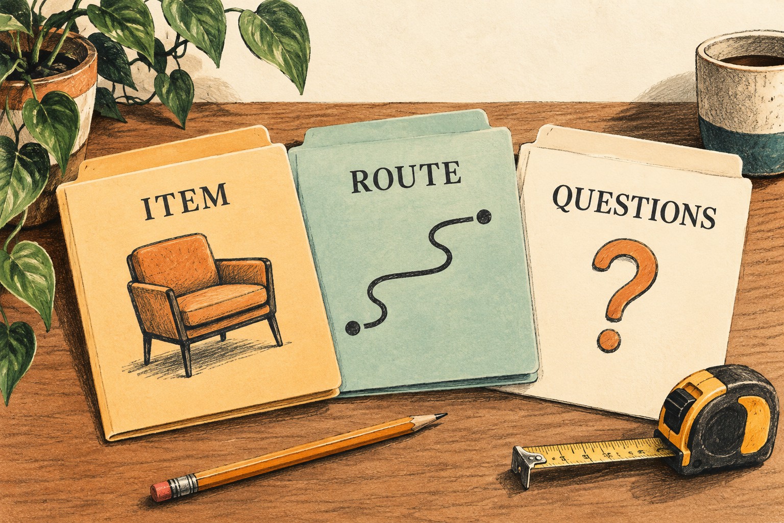 Three folders labeled Item, Route and Questions beside a pencil and tape measure