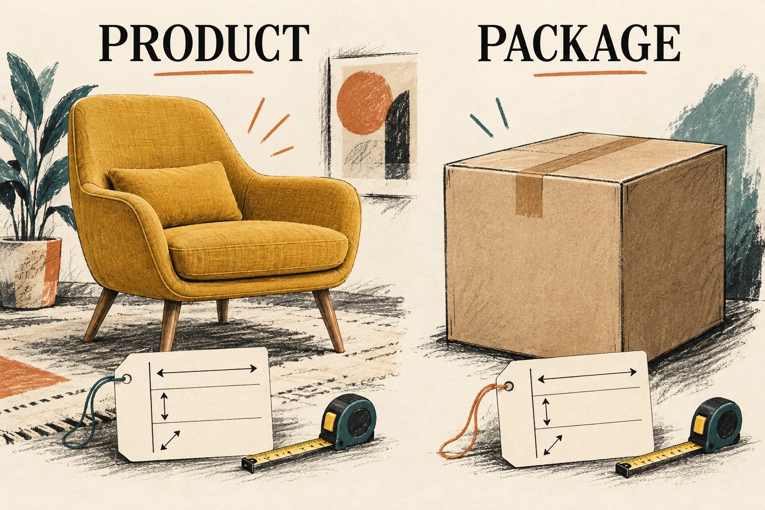 Assembled chair and cardboard shipping box shown as separate measurement records
