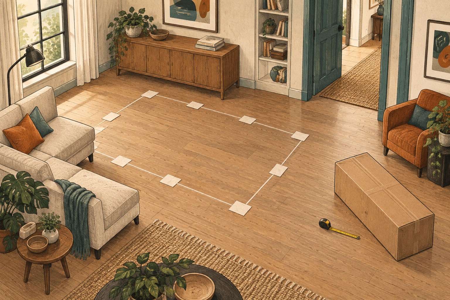 Conceptual furniture footprint marked on a living-room floor beside a package