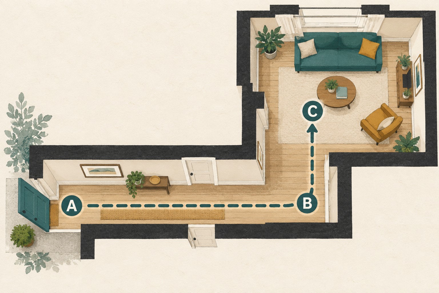 Imaginary floor plan linking entrance A, hallway bend B and room C