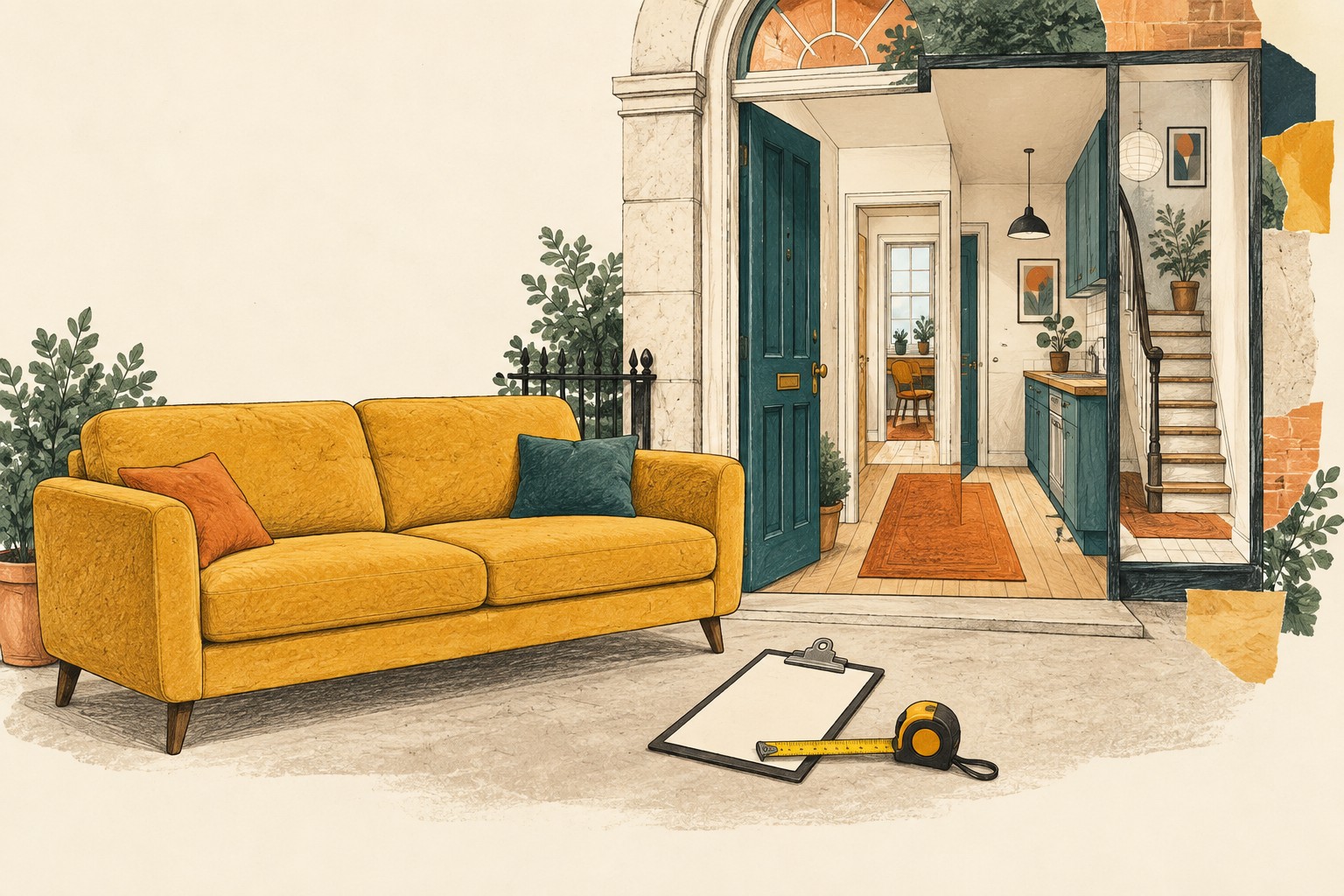 Mustard sofa outside a cutaway doorway with a clipboard and measuring tape
