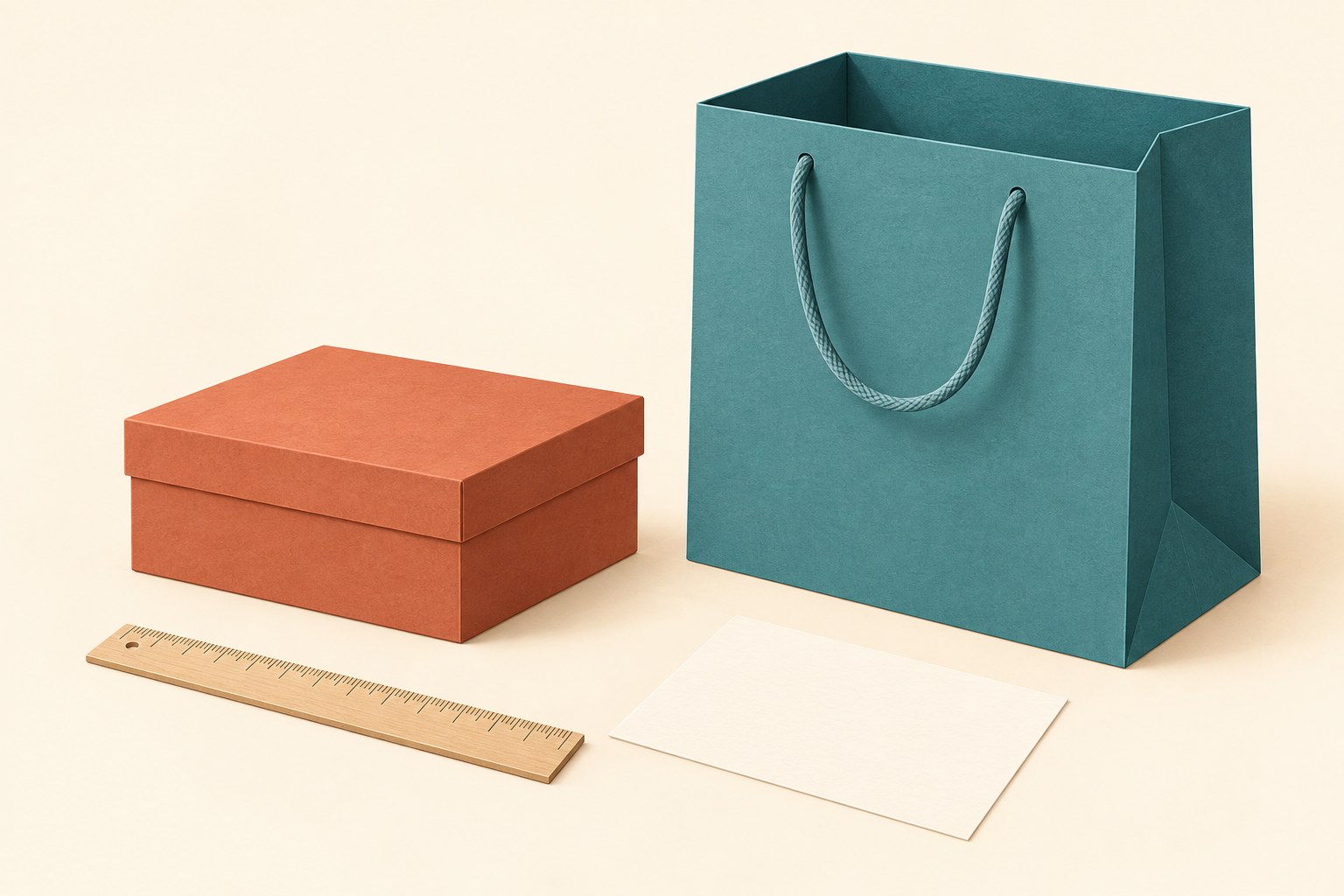 A teal open paper gift bag stands beside a terracotta gift box, a ruler and a blank planning card.