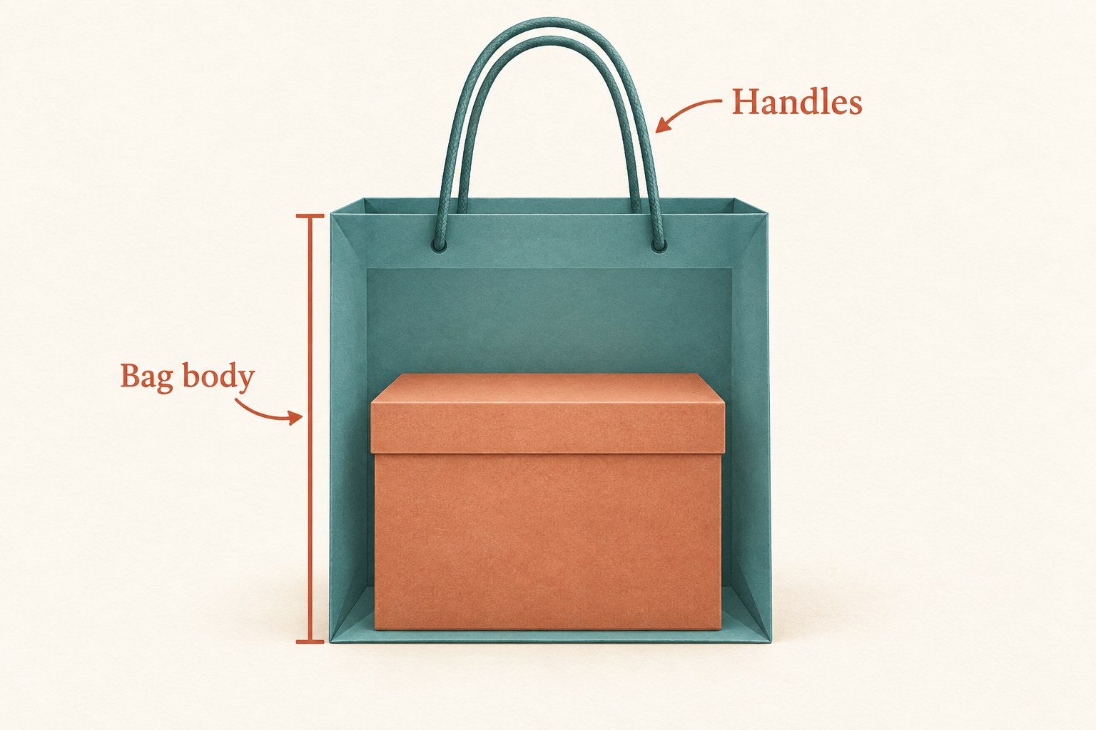 A conceptual cutaway bag holds a box below its top rim; a bracket marks the bag body and a separate arrow identifies the handles above.