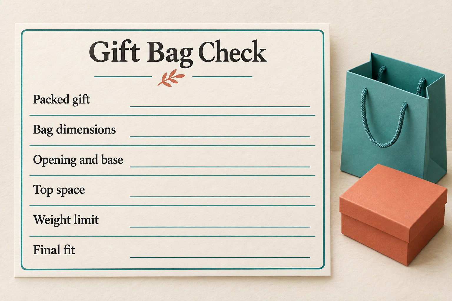 A blank Gift Bag Check card has rows for Packed gift, Bag dimensions, Opening and base, Top space, Weight limit and Final fit.
