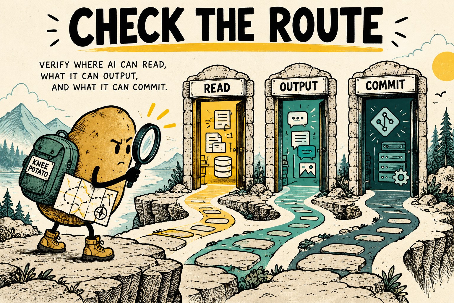 A potato inspector faces separate Read, Output and Commit doorways under Check the Route.