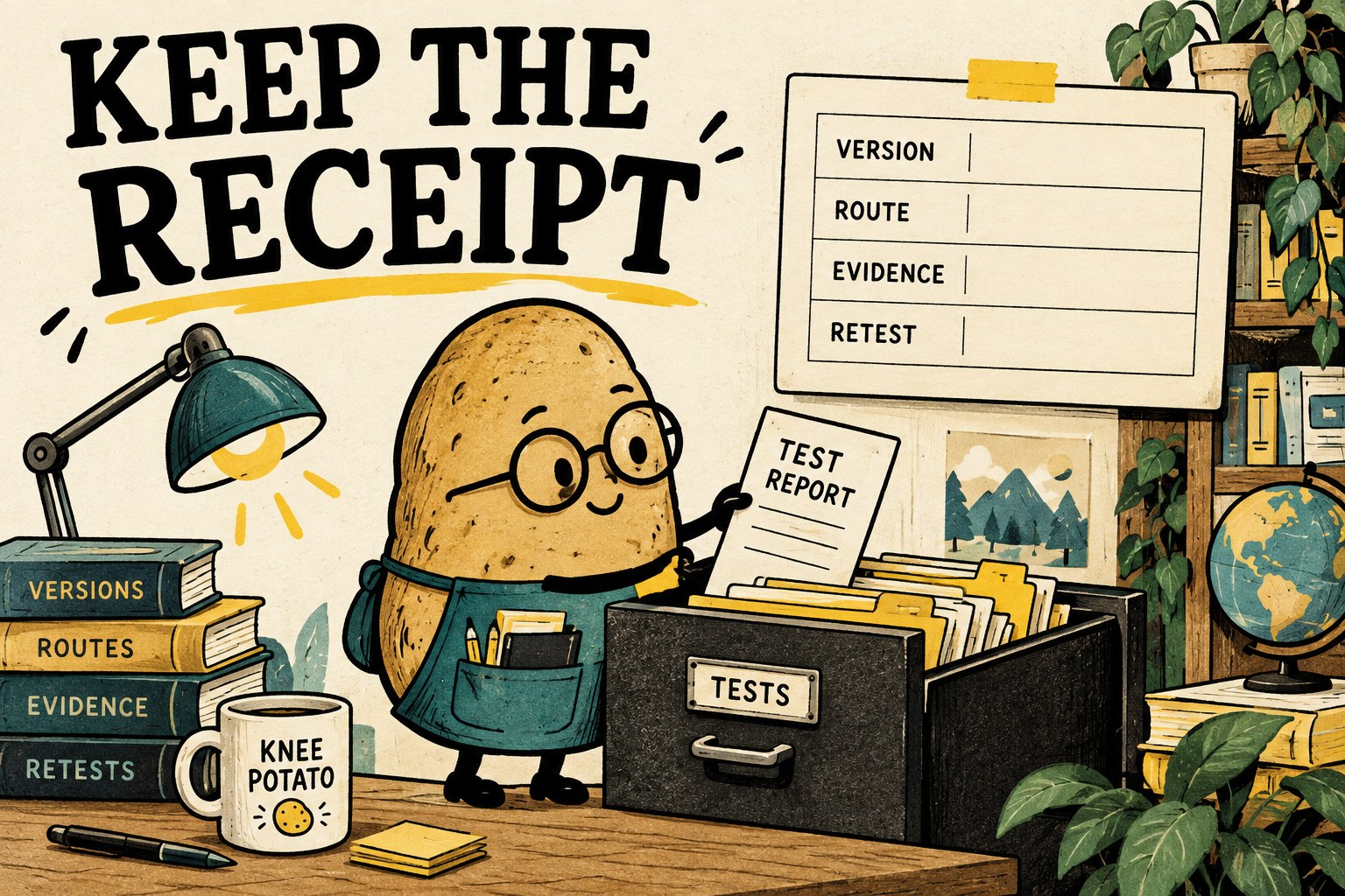 A blank receipt lists Version, Route, Evidence and Retest beside a potato librarian.