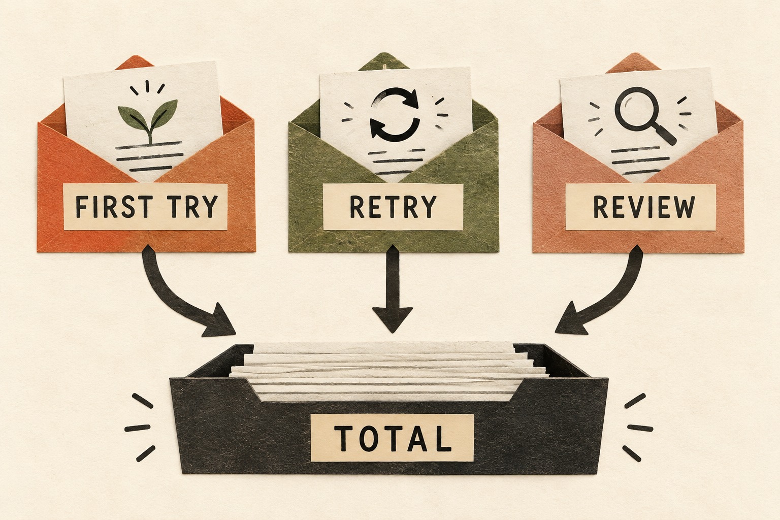 First-try, retry and review envelopes each point to one total tray.