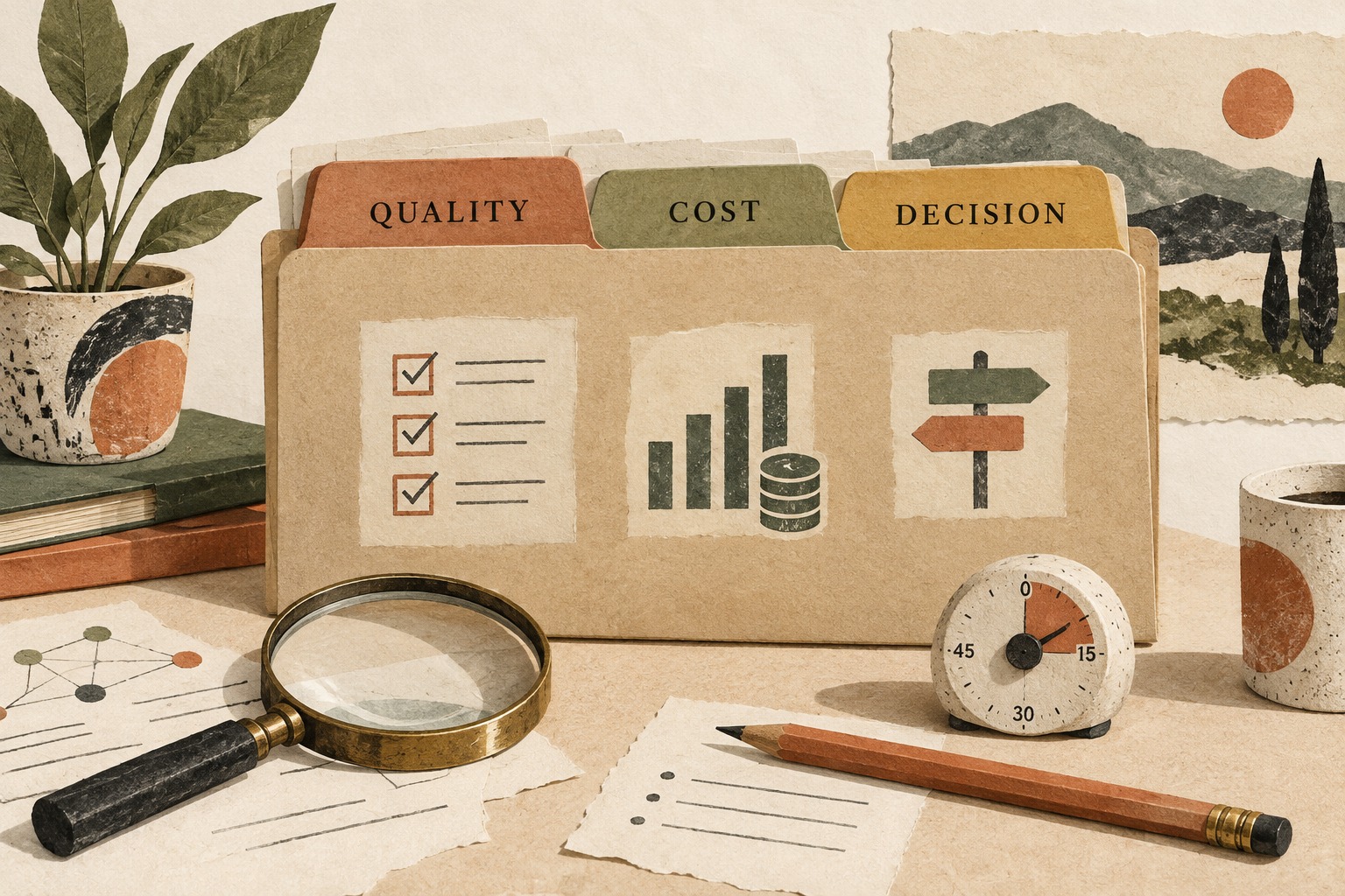 An audit folder has quality, cost and decision tabs beside a timer and magnifying glass.